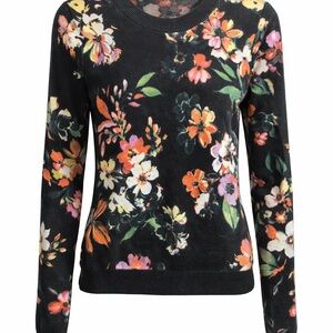 Nicole Miller Black Floral Crewneck Sweater with Orange and Pink Blooms